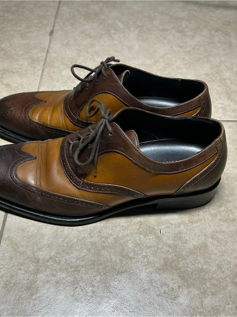 VTG Johnston & Murphy made in Italy Two-Tone Wingtip Brogue Oxford 10M Brown/Tan